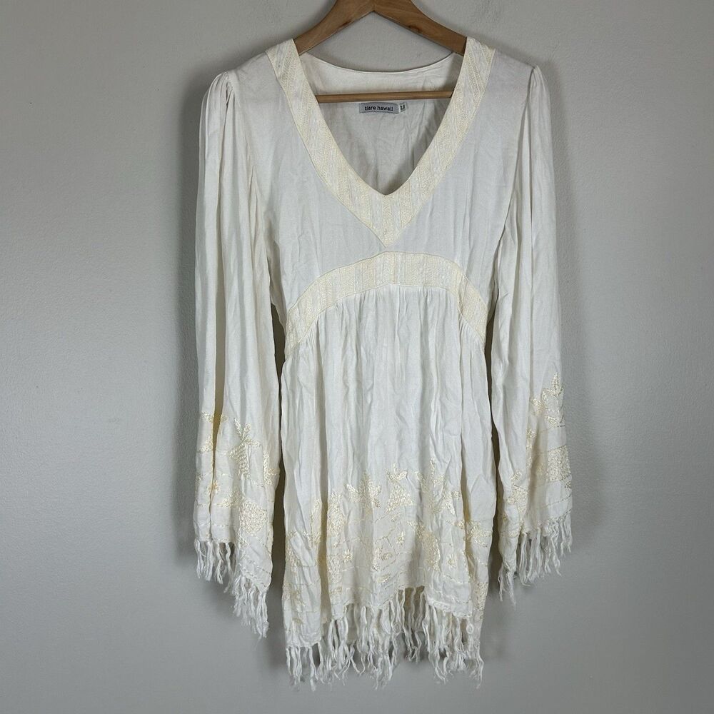 Tiare Hawaii White Cover Up Tunic Dress Embroidered Tassel Beach Size S Swim